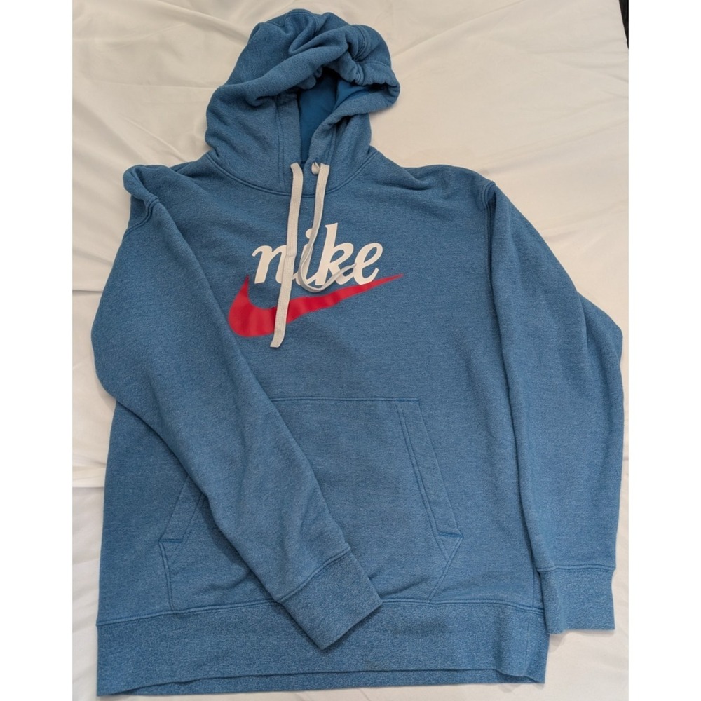 Nike Sportswear Mens M Club Fleece Pullover Hoodie Blue Heather Red Swoosh Big L